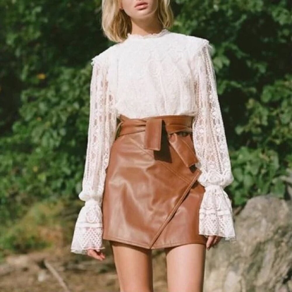 Divine Heritage Faux Leather Wrap Mini Skirt S Brown Belted